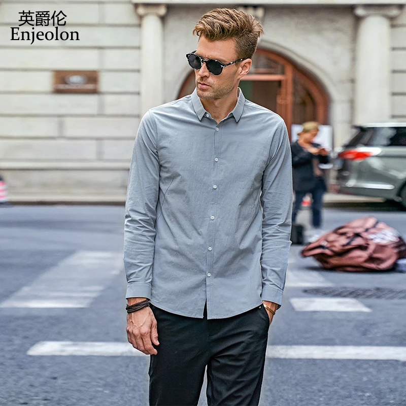 Enjeolon бренд осень Camisa Masculina хлопковые рубашки Для мужчин однотонные мужской 3XL
