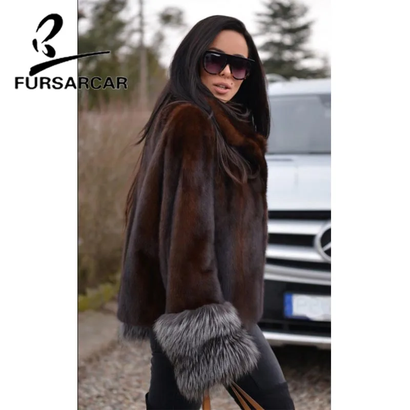 FURSARCAR Luxury Women Real Fur Natural Silver Fox Fur Coat Elegant Slim Female Winter Thick Warm Casual Style Jacket  Coats