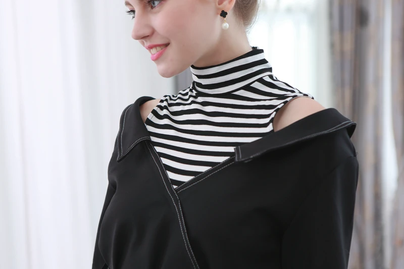 

European Vintage Runway Style Women Stand Collar Striped Patchwork Dress Ladies Office Work Party Dresses vestidos mujer