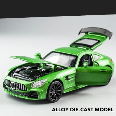 green 1/32 литой спортивный автомобиль из сплава, модель Benz AMG GTR, вытяжной светильник со звуком, литые игрушки, модели автомобилей для детей, подарки на день рождения - Цвет: green
