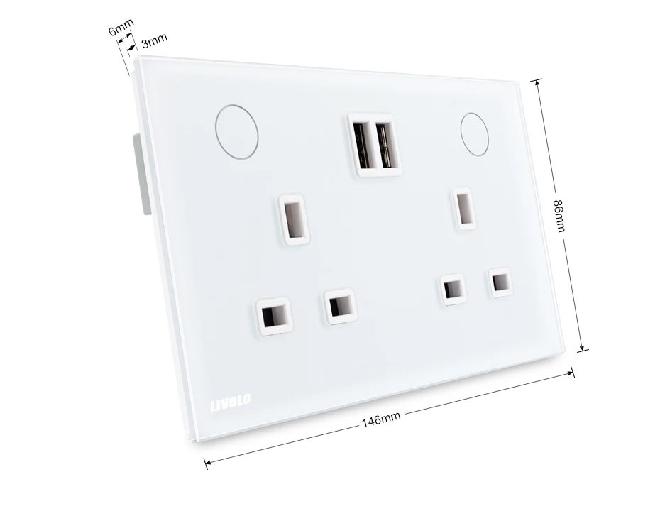 Livolo UK стандартная настенная розетка(пульт дистанционного управления)+ 2USB, белая Хрустальная стеклянная панель, 13А настенная розетка, W2C2UKRU-11/12(без пульта дистанционного управления