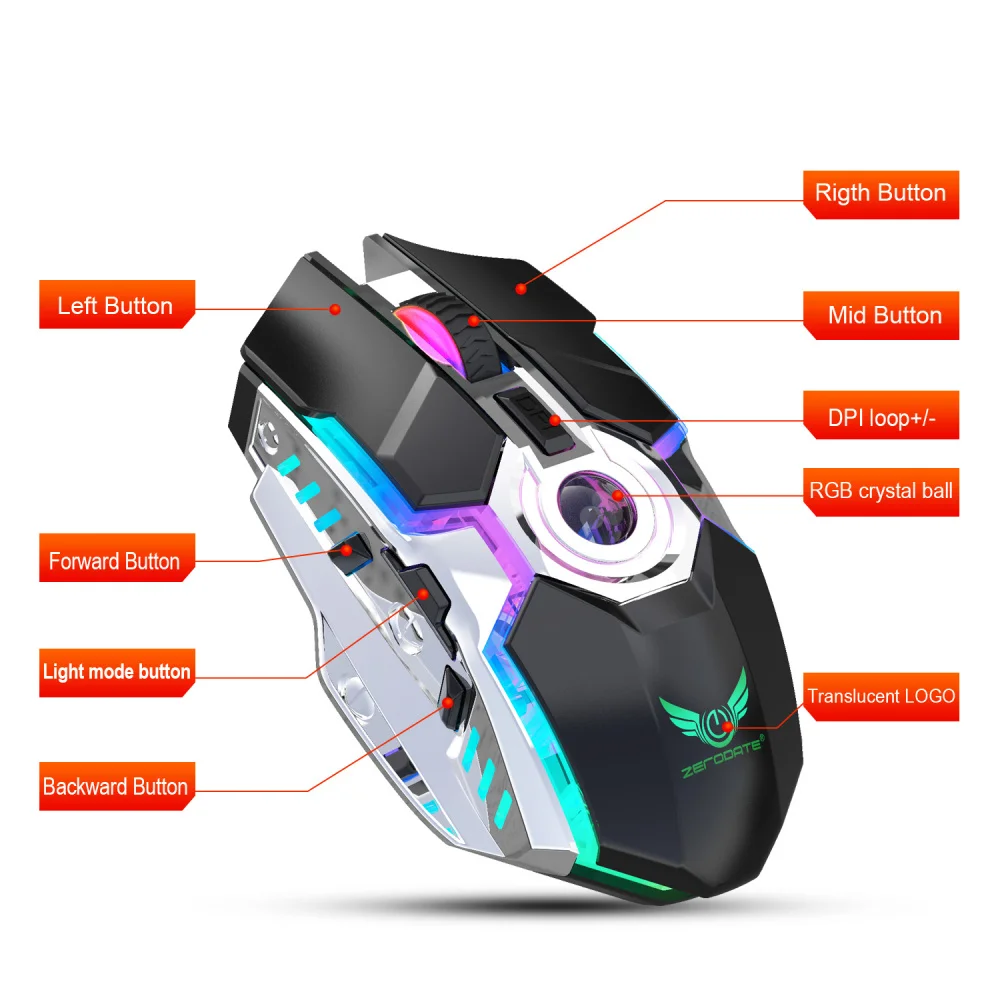 ZERODATE новая перезаряжаемая мышь RGB светильник беспроводная 2 4G Регулируемый Точек