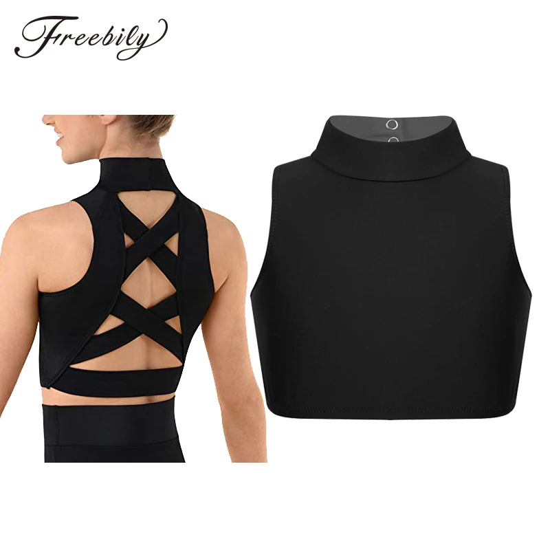 

Kids Girls Tank Top for Dance Ballet Crop Top Sleeveless Mock Neck Criss Cross Back Tanks Bra Tops for Ballet Dance Sports Bras