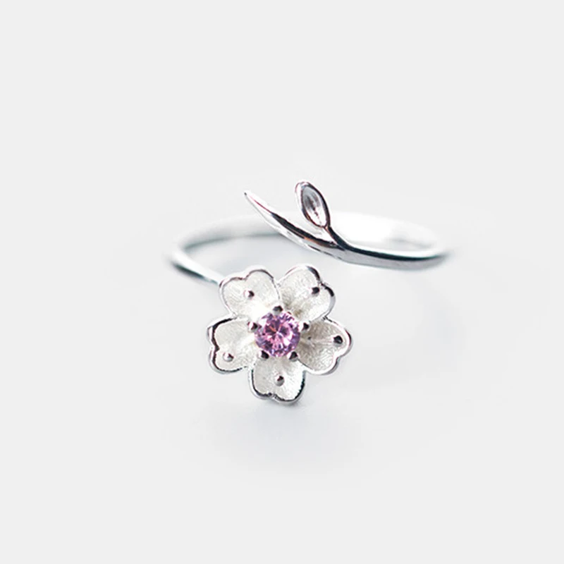 2019 Fresh Silver-plated Pink Cherry Blossom Open Ring Female Petal Zircon And Copper 090702-1 | Украшения и аксессуары