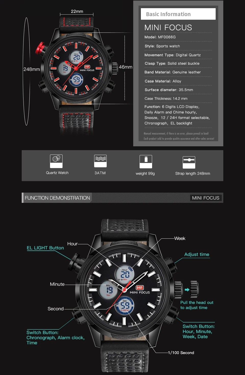 MINIFOCUS военные спортивные Dual Time Часы Для мужчин сигнализации Calendar Chronograph кожаный