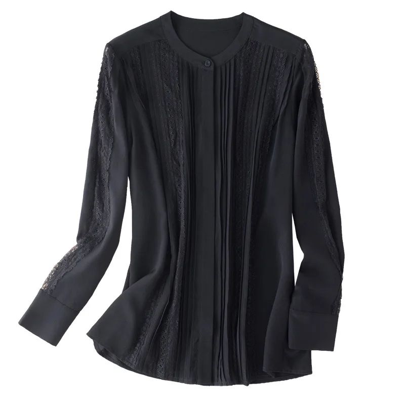 

2019 Spring Women Crepe de Chine Collor Silk Shirts Slim Long Sleeves Lace Splicing OL Silk Shirts Luxury Shirts