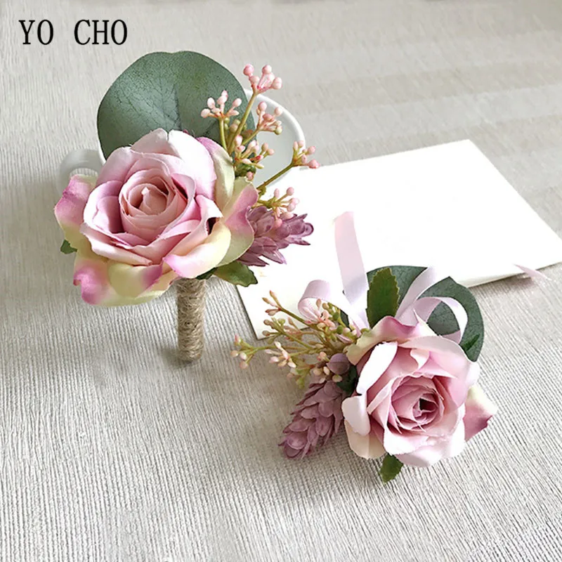 

YO CHO Wedding Accessories Boutonnieres Pink Roses Silk Wrist Corsage Bracelet Wedding Boutonniere for Guests Marriage Corsages