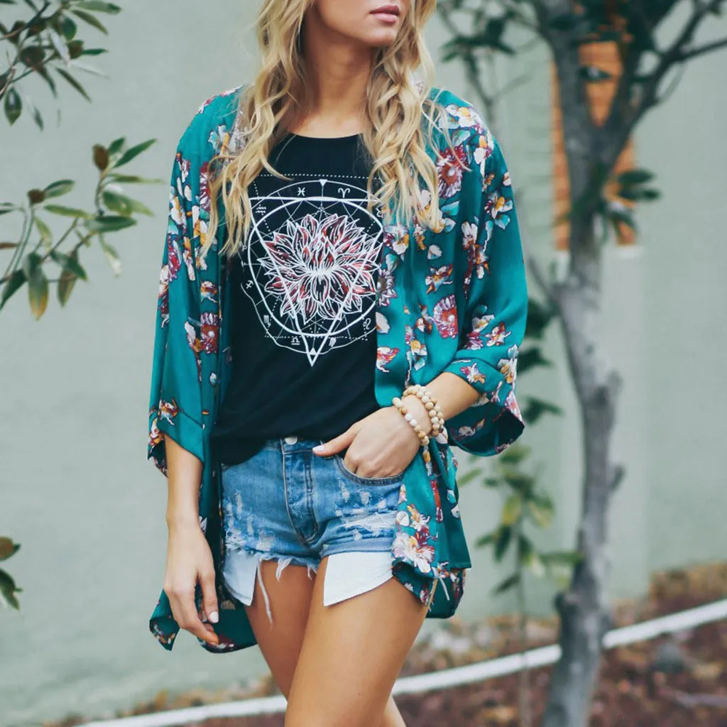 FREE OSTRICH Women Coat Floral Print Beach Blouse Batwing Half Sleeve Navy Summer Fashion Long 2019 New Arrivals | Женская одежда