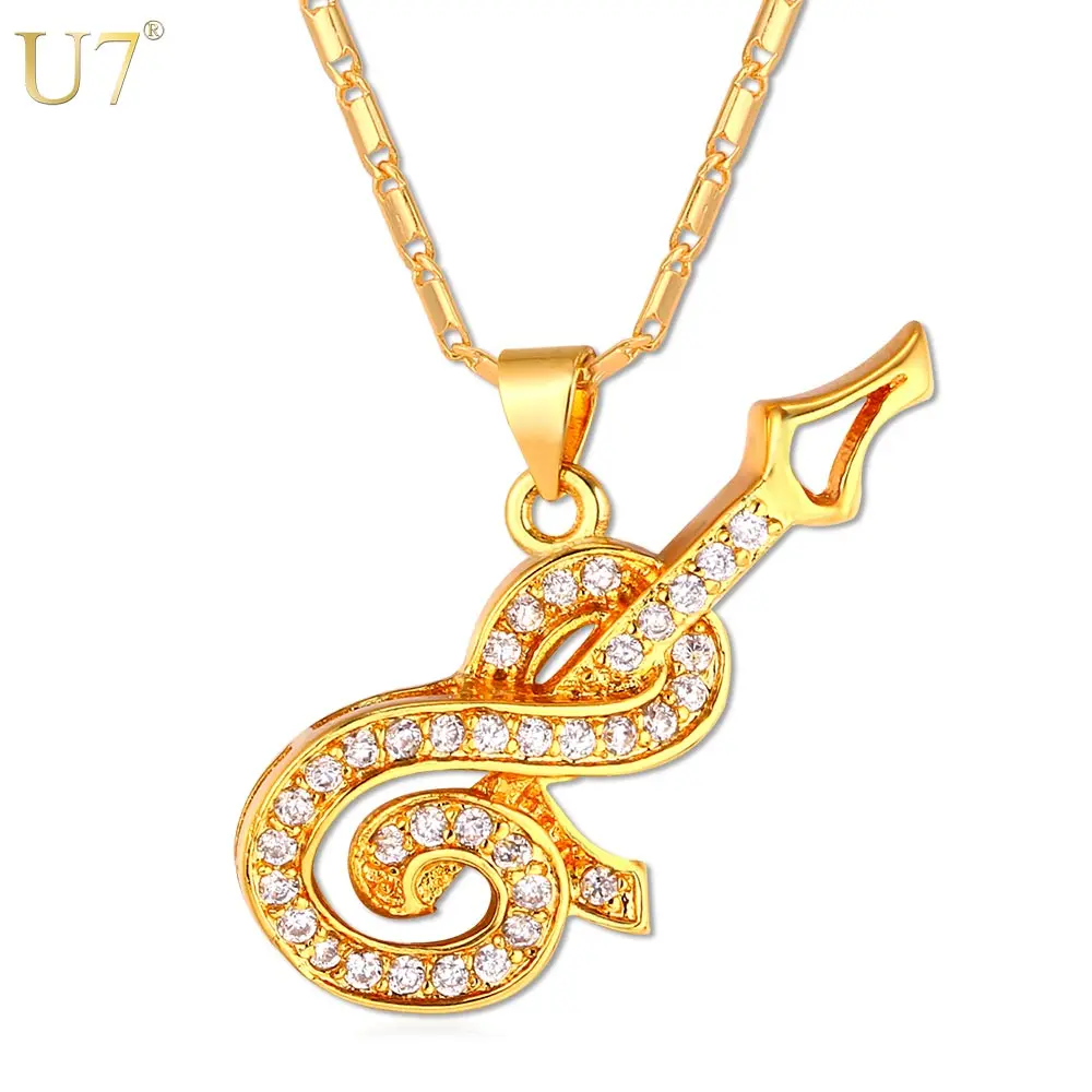 U7 Позолоченный Гитара Кулон Ожерелье Мужчинны /Женщины Циркон Музыкальный Знак