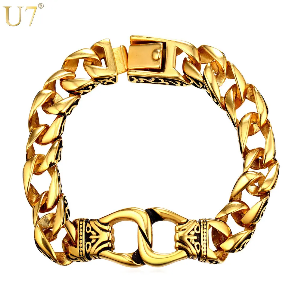 U7 New Hot Mens Bracelets 22CM With Foldover Clasp Stainless Steel Gold Color Punk Chain Bracelet Men Jewelry Wholesale H879 | Украшения и