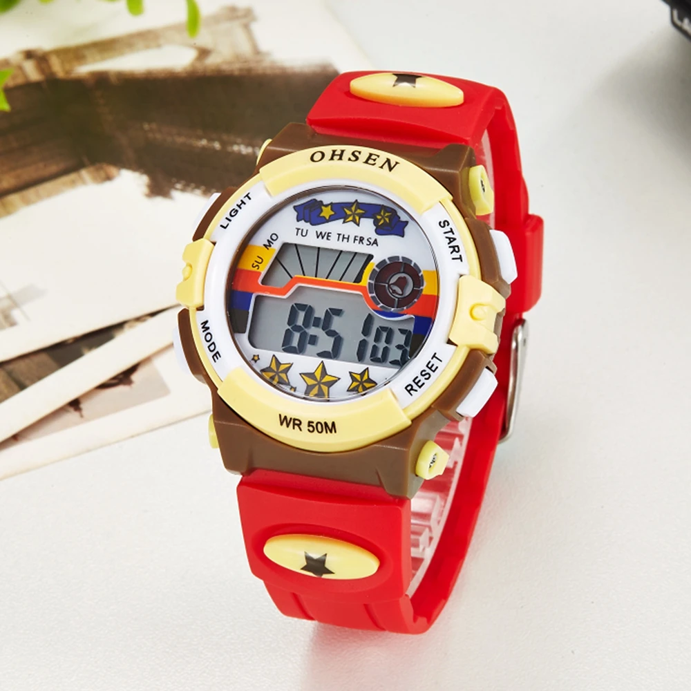 OHSEN цифровые наручные часы с ЖК дисплеем детские резиновые красные модные