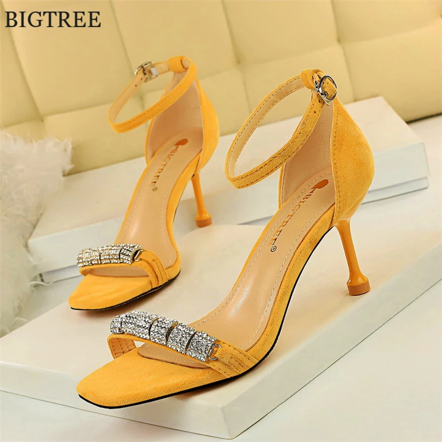 Желтые женские Босоножки с открытым носком модные туфли на высоком каблуке со