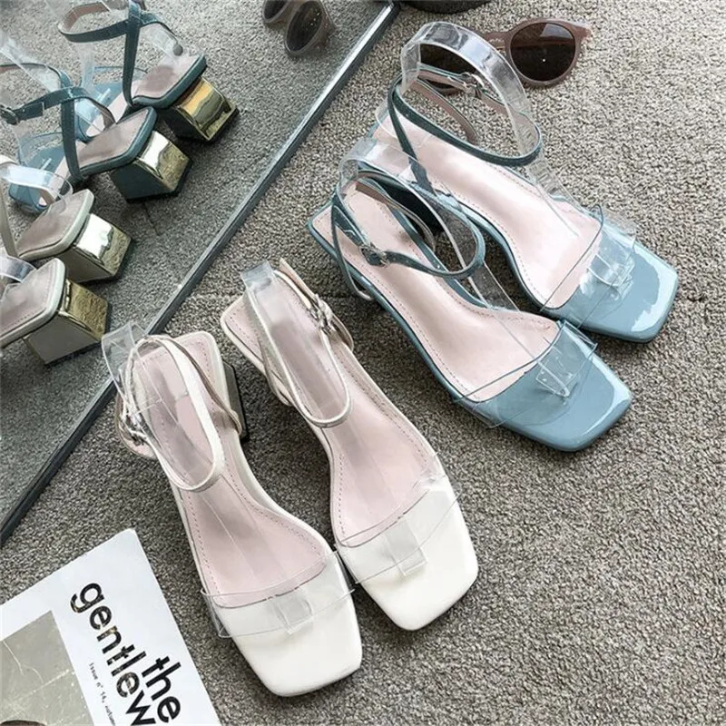 Женские босоножки на массивном каблуке синие или белые свадебные Босоножки с