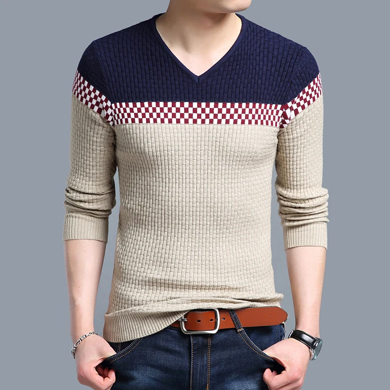 

2018 Brand New Sweaters Men Fashion Style Autumn Patchwork Plaid Knitted Pullover Sweater V-Neck Slim Jumpers