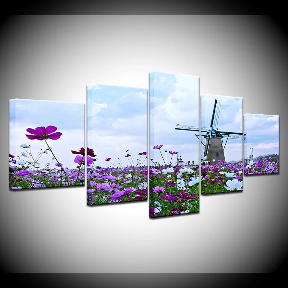 

Canvas painting flower sea windmill landscape 5 piece wall art modular wallpaper poster print living room home decoration