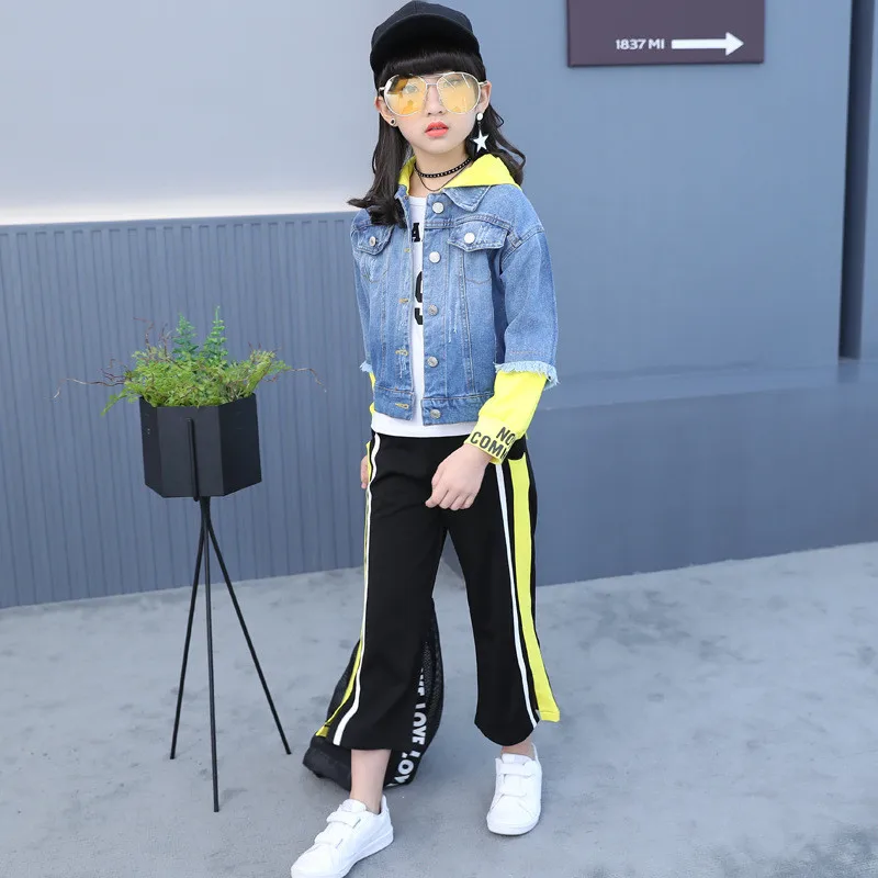 Джинсовое пальто для девочек на осень + брюки с широкими штанинами модный