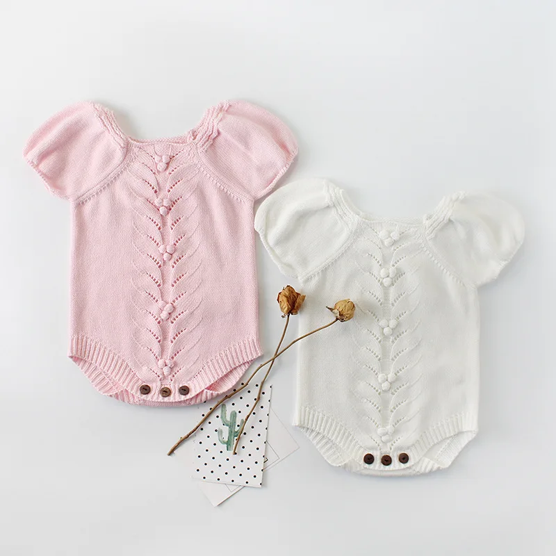 

Girls Kids Puff Sleeve Balls Knitted Clothes Rompers Toddler Candy Pink White Color Spring Summer New Infant Romper