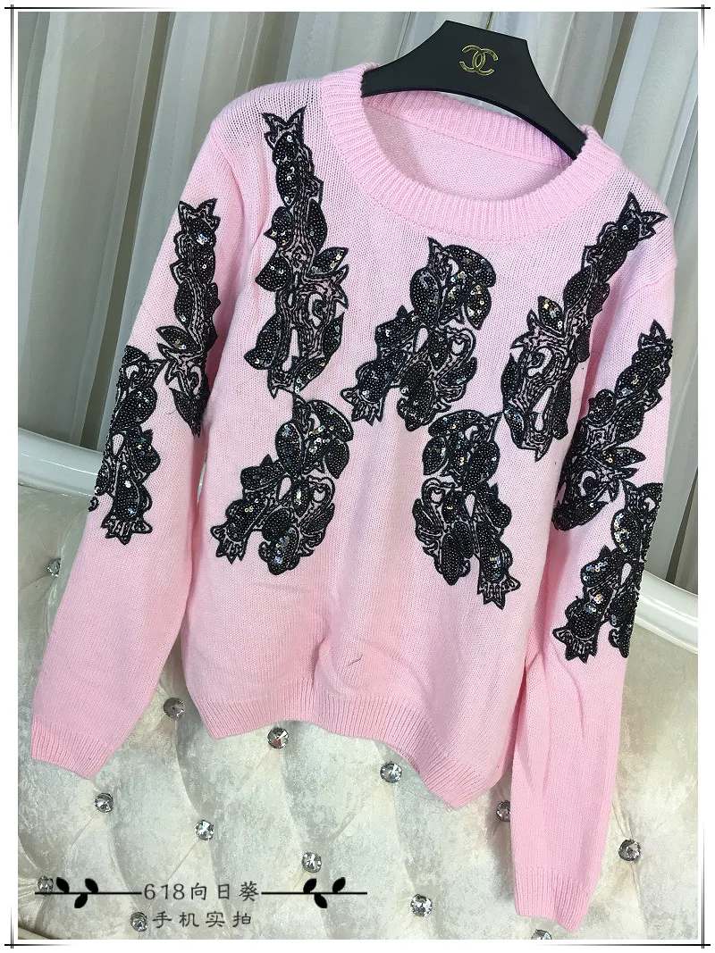 Cakucool New Women sequined Long Sleeve Sweaters O-neck Thick Jumper Shiny Embellish Beading Embroid Knit Pullover Sweater Lady | Женская