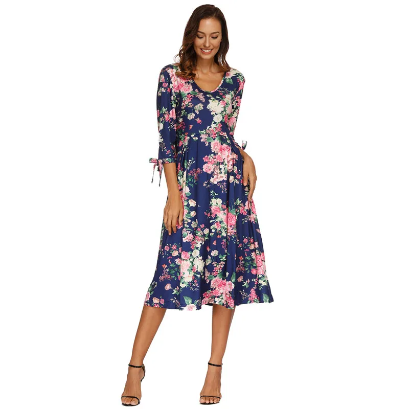 Autumn winter Seven-quarter sleeve Floral Print Boho Beach Dress Maxi Women Evening Party Sundress Vestidos de festa | Женская одежда