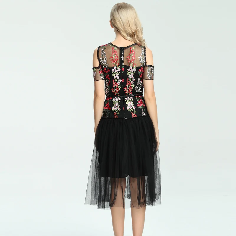Lerfey цветок платье с вышивкой Женские сетчатые черные винтажные открытыми плечами летние платья пикантные
