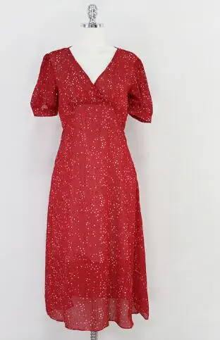 cute dress Летние длинные платья для женщин корейский стиль короткий рукав тонкая линия темперамент леди красный печатных Винтаж шифоновое платье длинное - Цвет: cute dress