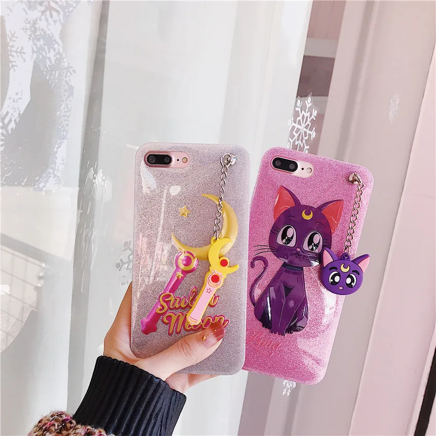Чехол из ТПУ для iphone x/10, мягкий чехол с изображением Луны, волшебной палочки, блестящая задняя крышка, чехол для iphone 8, 7, 6, 6s plus, прозрачный чехол с кошкой и подвеской