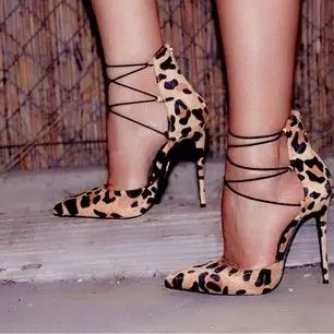 spesifikasi Sexy High Heel Toe Pointed Cross-terikat Super Tinggi Tipis Heels Lace-up Leopard Wanita Stilettos Partai Mode Sepatu Leopard Print