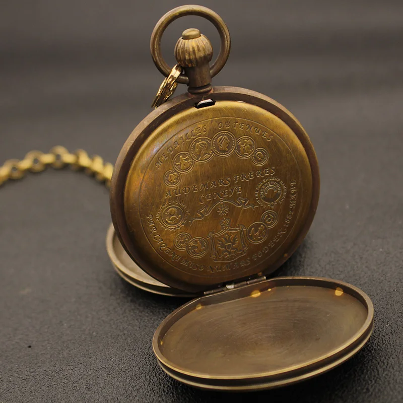 

g quality luxury retro classic men grandfather Antique Moon Phase enameled train brass mechanical movement Pocket Watch hour