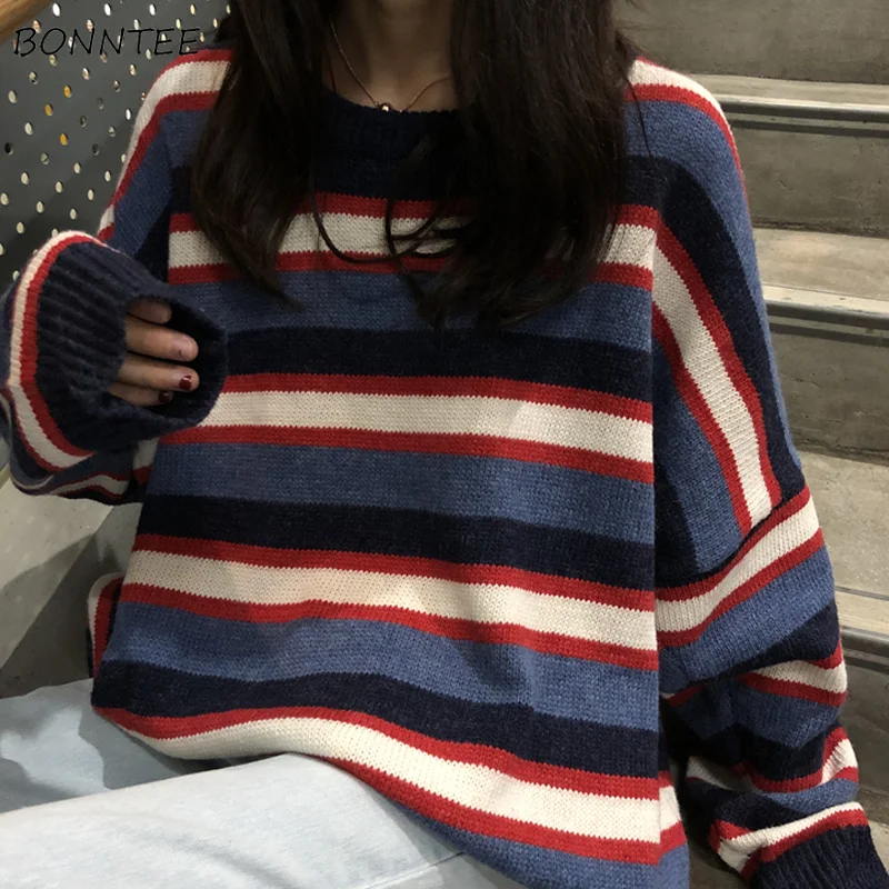 

Pullovers Women Striped O-Neck Long Sleeve Loose Chic Harajuku Korean Style All-match Jumper Simple Womens Pullover Sweater Chic