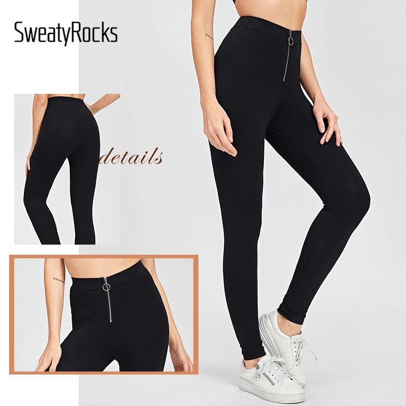 SweatyRocks, однотонные леггинсы с высокой талией и молнией спереди, женская одежда для активного отдыха, черные леггинсы для тренировок, весна, повседневные обтягивающие леггинсы
