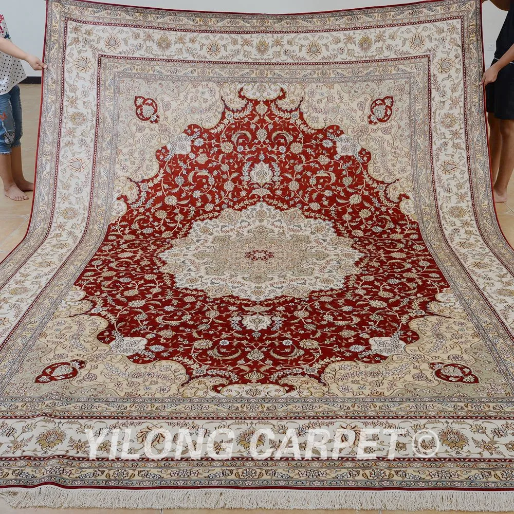 Koop Yilong 9'x12 'Vantage Klassieke Kleed Grote Rode Medaillon Antiek Persain Tapijt Tapijt 100% Zijde (0914)