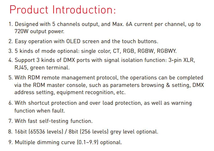 Светодиодный контроллер dmx декодера; DC12-24V вход; 6A* 5CH Max 30A выход RGB/RGBW XLR-3/RJ45 16 бит 65536 уровня