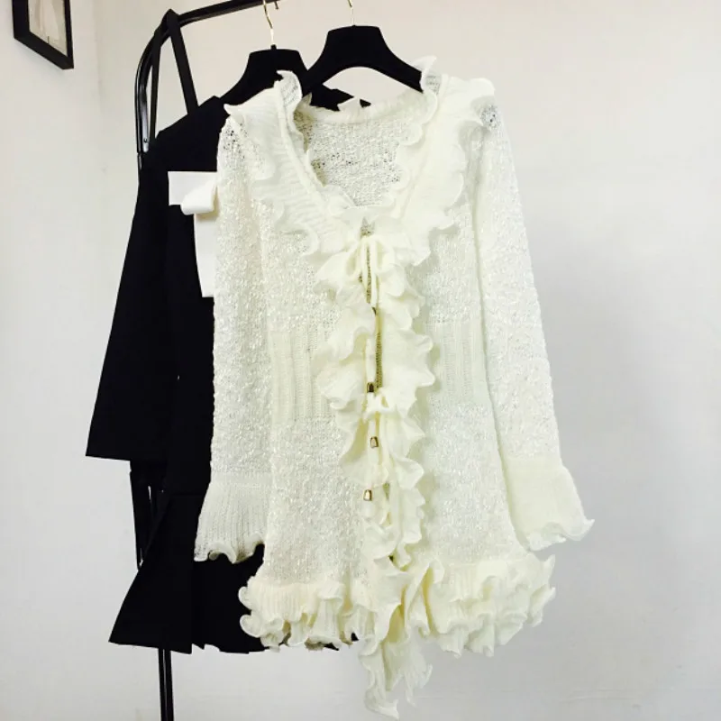 Sweet 3D Flowers ruffled Knitted Cardigan bow bright silk slim knit Hook sweater Pleated Lace Up Jacket Flare Sleeved Coat Tops |