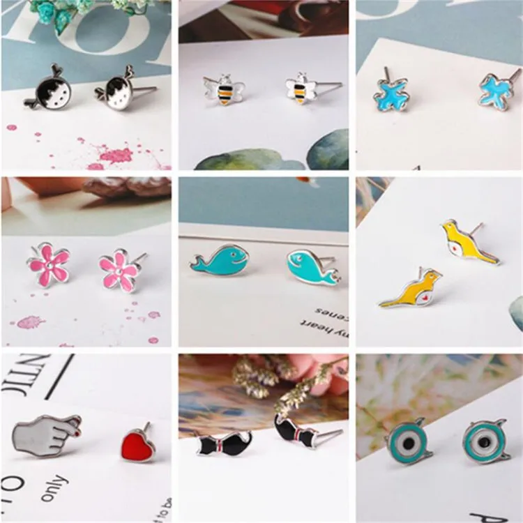 New Temperament 925 Sterling Silver Jewery Fashion Colorful Epoxy Beautiful A Variety of Styles Stud Earrings Animal Plant Bow | Украшения