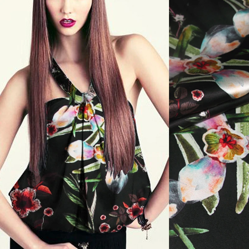 

105 см ширина 20 мм белый красный цветочный принт черный стрейч шелк атласная ткань для летнего весеннего костюма платье куртка юбка C011