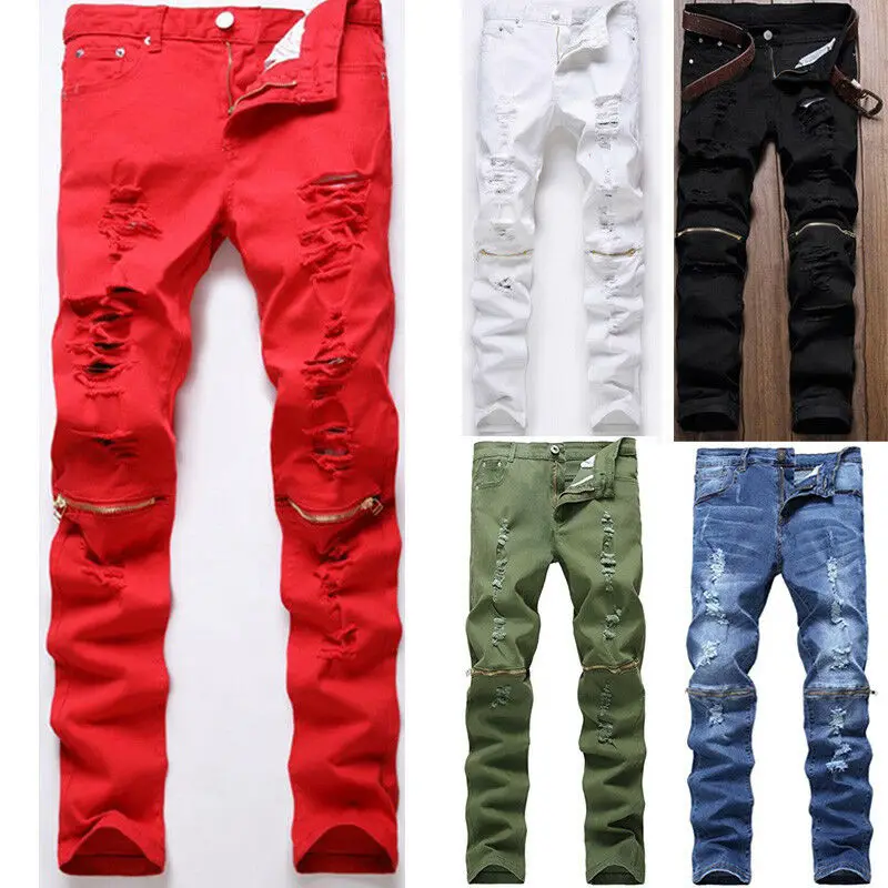 Новинка красные белые черные серебристые рваные джинсы байкерские на молнии