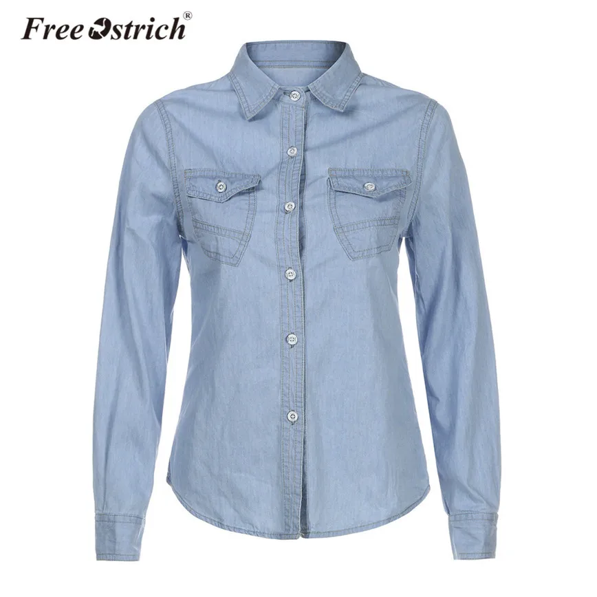 Light Blue Страуса модная темно-синяя джинсовая рубашка для женщин с длинным рукавом на пуговицах с карманами повседневные женские топы с отложным воротником camisa feminina - Цвет: Light Blue