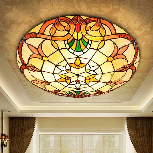 

European Baroque Tiffany stained glass Ceiling Light Pastoral Round Glass Lampshade lamparas de techo abajur 110-240V