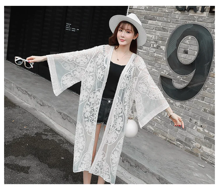 Женский пляжный кардиган кимоно Повседневная Свободная блузка белого цвета с