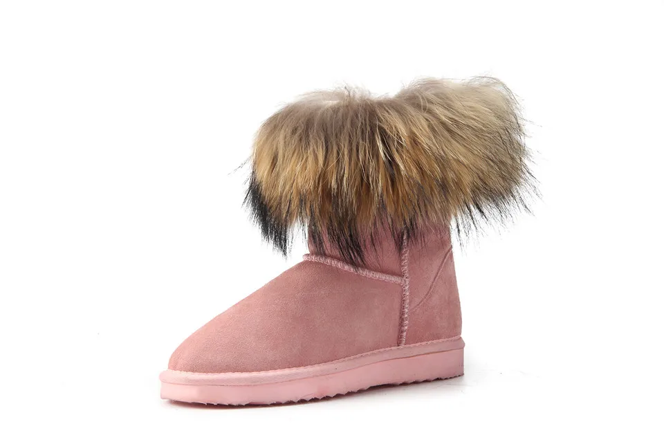 MBR FORCE Fashion Women's Natural Real fox Fur Snow Boots Genuine Cow Leather women Boots Female Warm Winter Boots Shoes