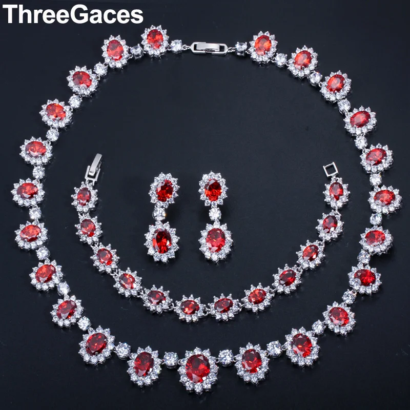 

Threegraces 3Pcs Luxury Oval Shape Red Cubic Zirconia Big Dangle Earrings Necklace Bracelet Wedding Jewelry Set for Women JS156