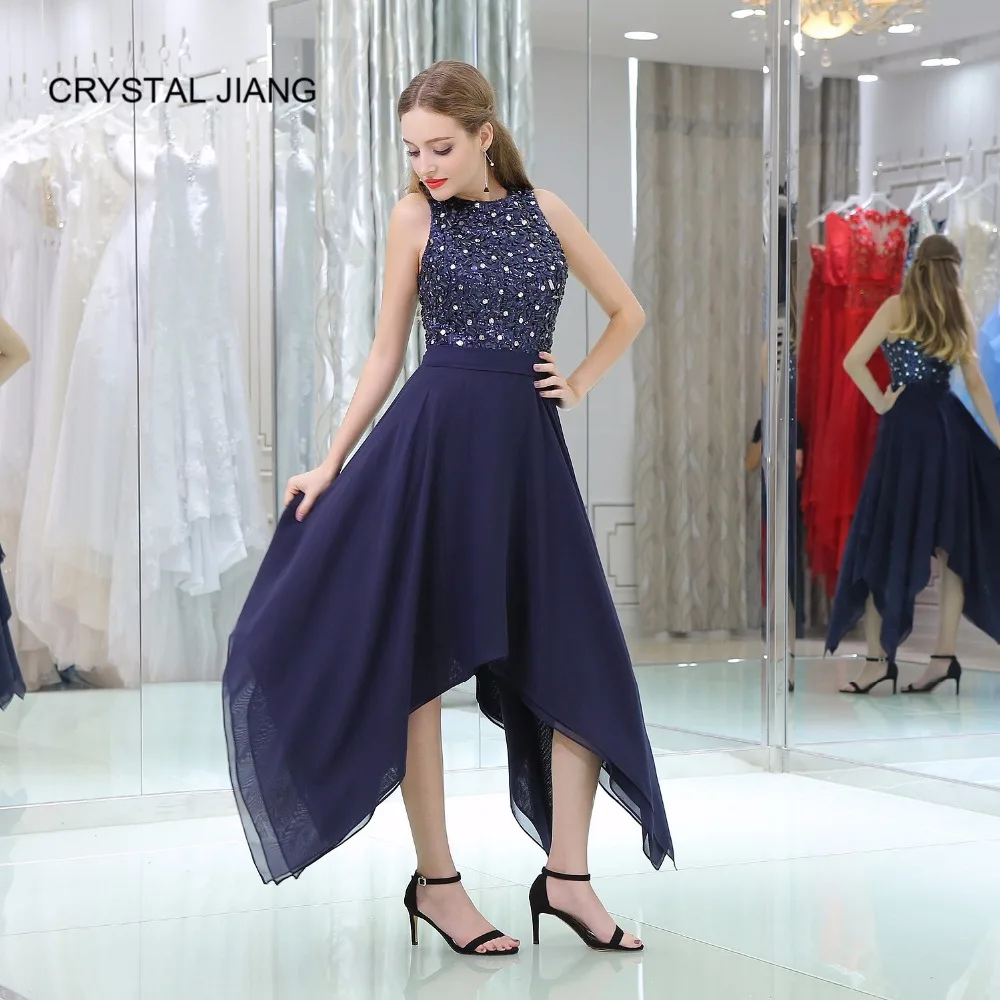 Темно синее коктейльное платье CRYSTAL JIANG 2018 сделанное на заказ Ассиметричное без