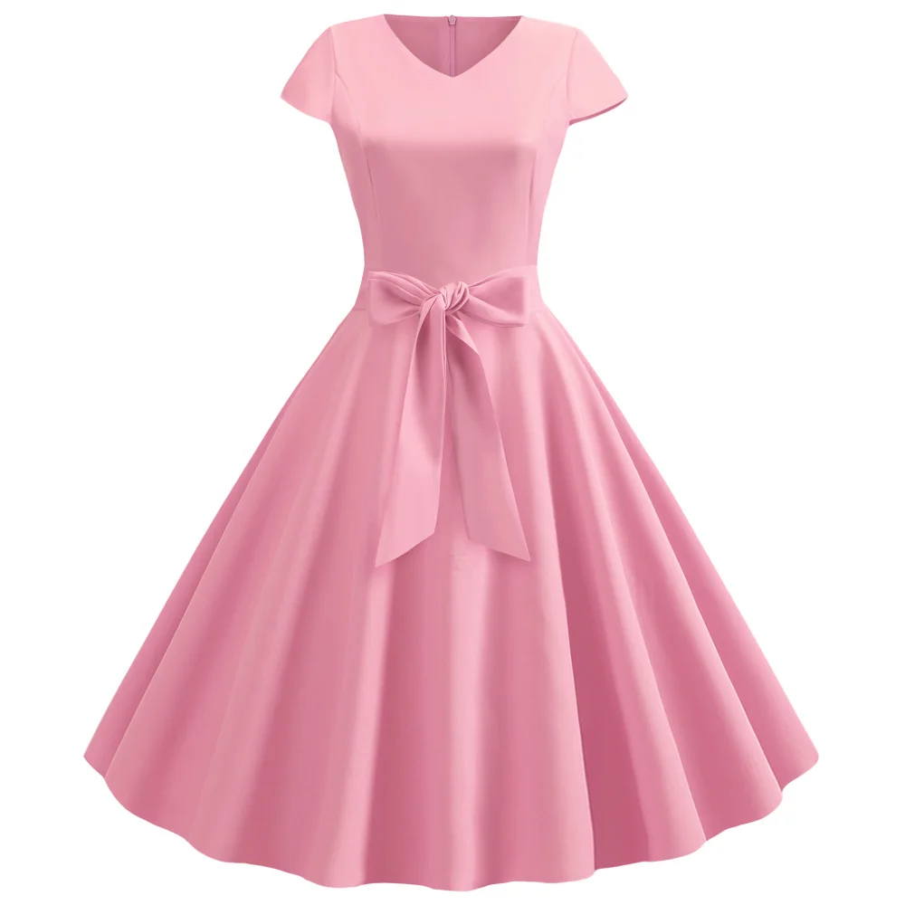 Kenancy 10 Colors Solid Summer Women Retro Dress V Neck Short Sleeves High Waist Vintage 60s Rockabilly Party Vestidos | Женская одежда