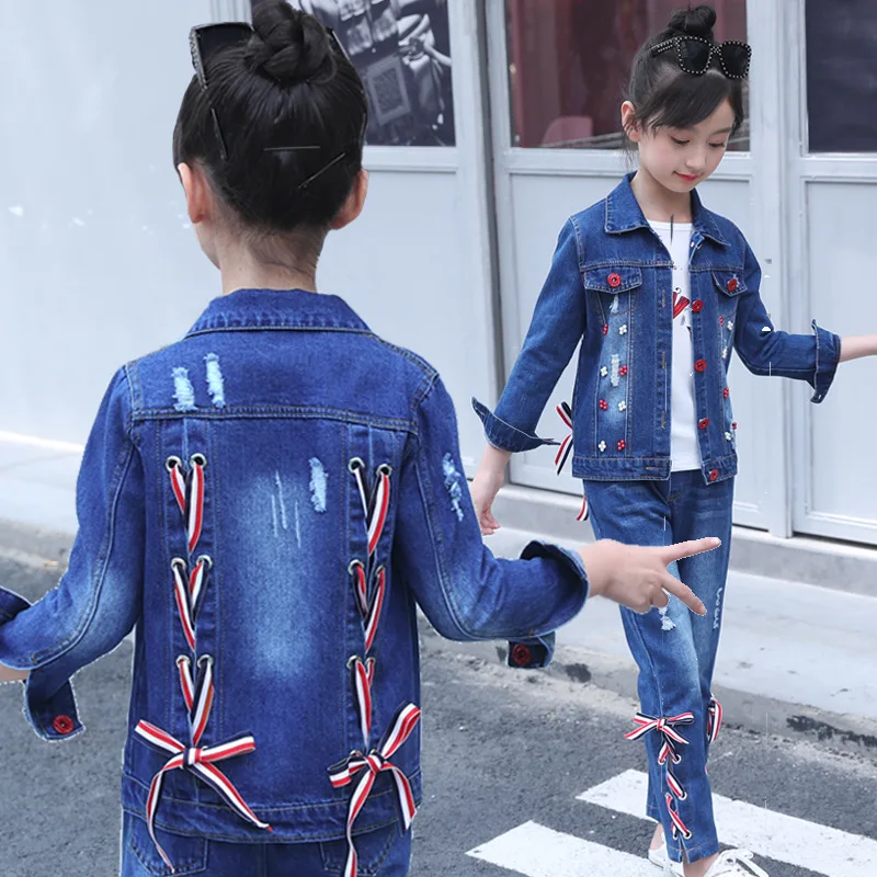 

autumn Children's suit 2019 spring new girl's denim suit big kids two-piece clothing set fashion ties girls denim body suit