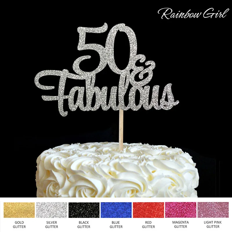 

50 & Fabulous Cake Topper 50th Birthday Party Decorations Many Colors Glitter Cake Picks Accessory Anniversary Decor
