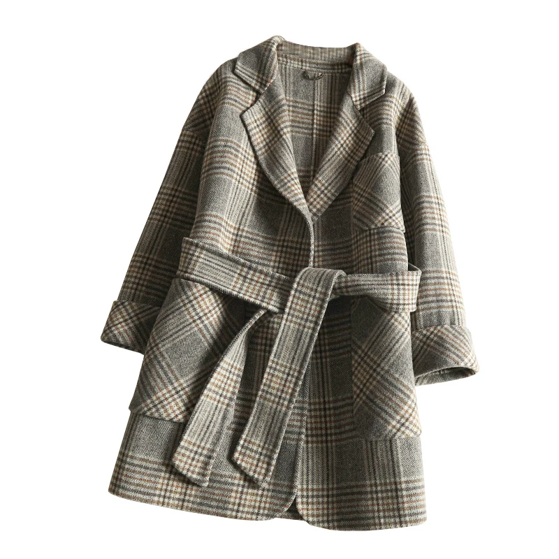 

New winter autumn 2019 sashes cashmere coat female plover large medium long plaid woolen cloth coat show slim 100% wool coats