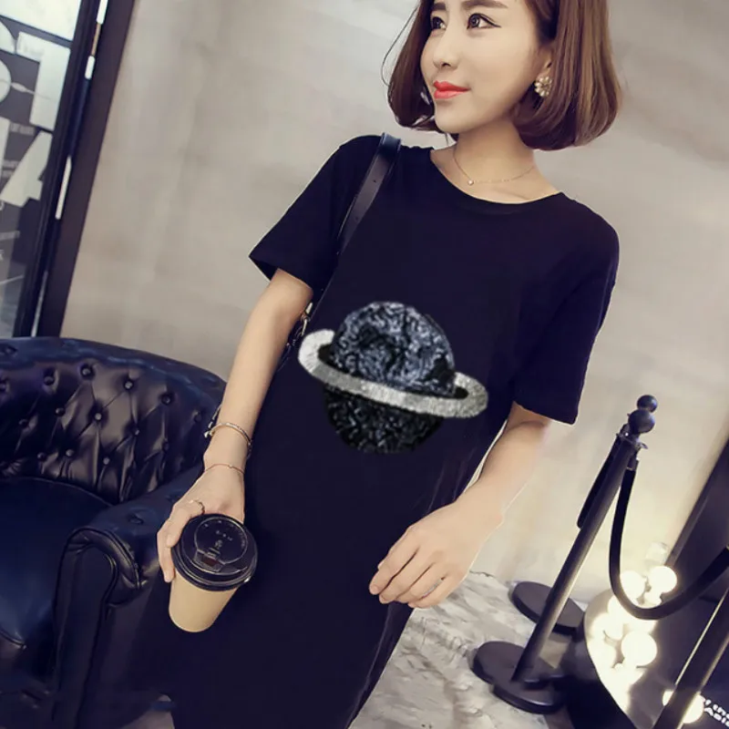 Summer Planet Sequined Embroidered T-shirts Large Size Women's Long Beading Shirts Dress Casual Tees O-Neck Loose Tops | Женская
