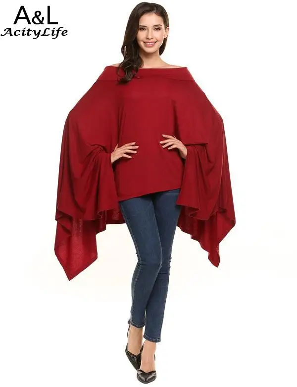 Нерегулярные шеи Slash низ рукав &quotлетучая мышь&quot Твердые Свободный пуловер Топ |