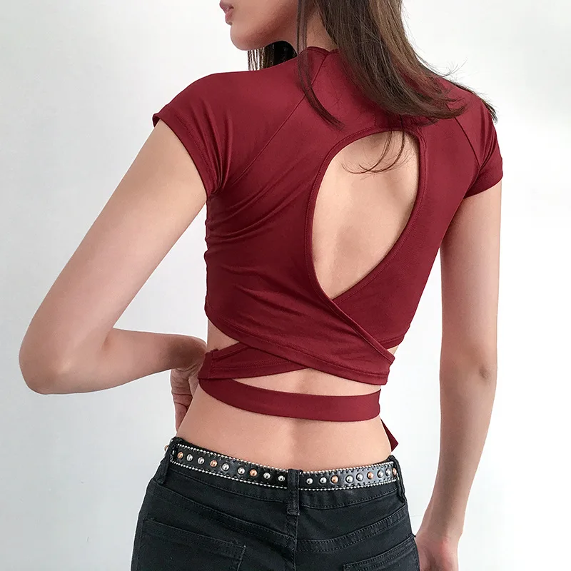 Summer T-Shirt Women 2019 New Arrivals High Street Hollow Out Short Sleeve Tops Tees Sexy Ties Up Crop Top Slim Party T-Shirts | Женская