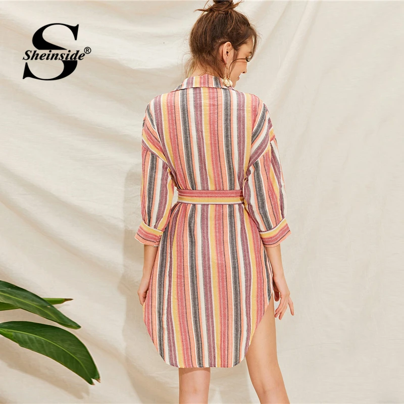 Sheinside Casual Colorful Stripe Print Shirt Dress Women Summer 3/4 Sleeve Straight Dresses Ladies Mini Dress